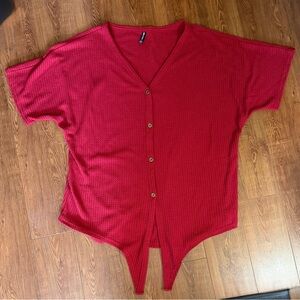 Women’s Red Button-Up V-Neck Top by IWOLLENCE - Size XL - Ties in Front